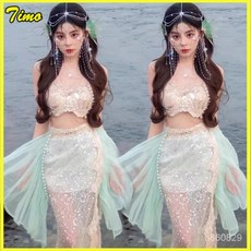 人魚公主寫真服裝 重工高定 海邊旅拍美人魚拍照服裝 僊女夢幻精靈藝術照, 4號外披 裹胸 半身裙 腰鏈 額頭鏈,均碼