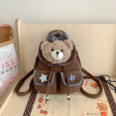 棕色小熊毛絨翻蓋雙肩包甜酷時尚包包卡通可愛格紋迷你尼龍小揹包, 咖色款:常規款, 1個