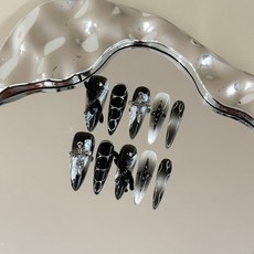 手工穿戴甲片 高級感秋冬季黑色暴力兔美甲 顯白十字架鏈條假指甲, 1個, 迷霧森林 長尖,L, 迷霧森林 長尖