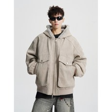 連帽寬鬆工裝棉外套，加絨加厚毛領保暖短款棉大衣