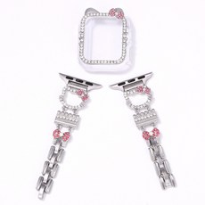 애플워치 메탈 스트랩 케이스 키티 큐빅 밴드 10 9 8 7 SE 2 울트라 세트, 1개, 실버 세트