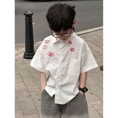 男童短袖襯衫夏季上衣薄款脣印韓版兒童夏裝韓版洋氣翻領寬鬆潮酷