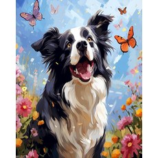 WUIVCTR 숫자 키트의 유화 페인트 꽃들 사이의 보더 콜리와 나비 캔버스 페인팅 선물 키트 숫자로 그린 아크릴 페인트 크리스마스 생일 선물 40x50cm, WUIVCTR 숫자 키트의 유화 페인트, 꽃들 사이의