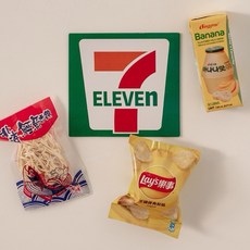 日本微縮食玩冰箱貼磁鐵，可愛趣味薯片魷魚絲磁吸裝飾，台灣便利商店系列, 711＋薯片＋鱈魚絲＋香蕉奶