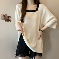 해피유통 여성 여름 스퀘어넥 반팔 니트티 루즈핏 데일리 상의