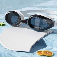 성인 김서림방지 수경 실리콘 수모 수영모자 물안경 세트, 블랙, 1개