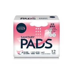 六甲村超薄產褥墊13x38cm，超大面積，100%全平面，台灣製造, 13×38 cm, 12片, 1包