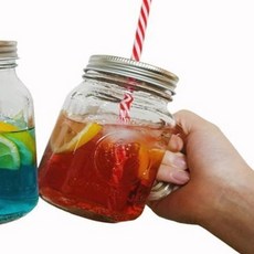 스트로우 구멍 뚜껑 드링크자 유리 머그컵, 2개