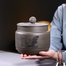 茶葉罐中號普洱醒茶罐紫砂原礦青灰段泥普洱茶具陶瓷密封罐41359, 41359花開見佛, 1個