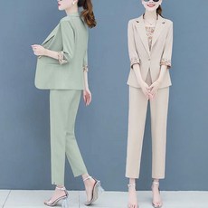 부드러운 새틴면 중년여성 캐주얼 정장셋업 봄여름 카라넥 7부소매 정장 자켓+뒤밴딩 와이드 간바지+끈나시 티셔츠 3중세트 소프트 터치 슬림 하객룩 상하세트