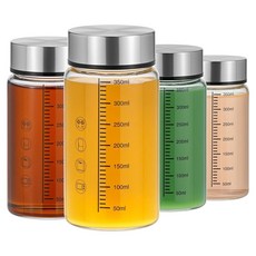 QWORK 유리 주스 병 세트 4팩 355ml(12온스) 붕규산 물병 스테인리스 스틸 뚜껑 넓은 입구 쉐이커 129560, QWORK 유리 주스 병 세트, 4팩 355ml(12온
