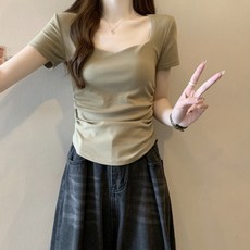 方領正肩短袖T恤女 夏季新款收腰修身顯瘦短款學生褶皺上衣