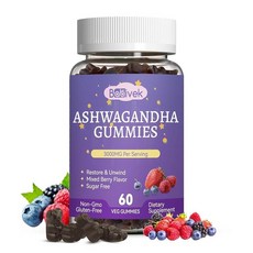 Babivek Ashwagandha 젤리 3000mg - 스트레스 완화 및 면역 지원을 위한 마카 L-테아닌 GABA 강황 함유 믹스 베리 맛, 60개 (1팩), 1개, 60