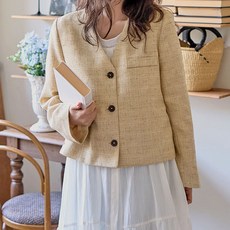 로로텐 트위드 노카라 브이넥 싱글 자켓 여성 빅사이즈