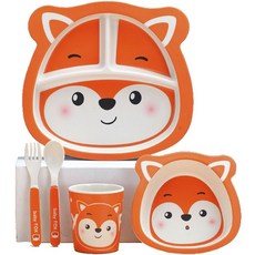 Mengmengdashi 밤부 캐릭터 식판 5종 세트, 식판 + 보울 + 컵 + 숟가락 + 포크, 여우, 1개