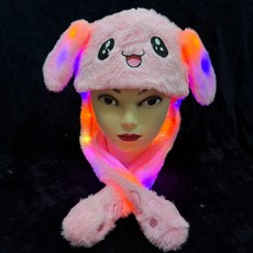 귀 움직이는 토끼 모자 LED 발광 캐릭터 모자 축제 행사 파티용 귀여운 방한 모자, 60cm, 빛나는 핑크 토끼