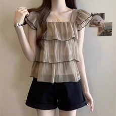 AURALA 여자 프릴 루즈핏 스퀘어넥 블라우스 여성 여름 예쁜 캐주얼 반팔티