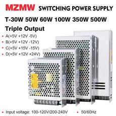 MZMW 30W 50W 60W 100W 350W 500W 삼중 출력 스위칭 전원 공급 장치 AC/DC 5V 15V -15V 12V 24V 드라이버 변압기 3방향 SMPS, 100-120v/200-240v용, B(5V 12V -12V)