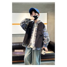 男童假兩件拼接格紋襯衫