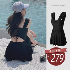 韓版露背百褶裙泳衣，保守款，台灣發貨，時尚百搭，性感露背設計，修身顯瘦, 黑色