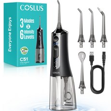 COSLUS 코슬루스 6단 수압+3종 모드 휴대용 구강세정기 IPX7 급방수+4개 노즐팁, 검정색, C51
