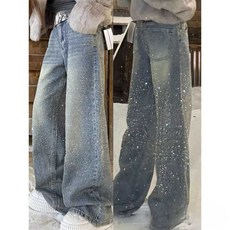반짝이청바지 루즈핏 바지 여름 자수 큐빅, 1개, L (110 - 125kg) 블랙