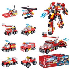 積木賽車機器人汽車，兼容樂高變形小積木車，益智玩具多款造型, 1個, 消防款-小賽車一盒