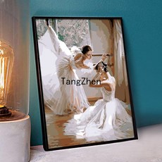 【TangZhen】유화그리기 유화그리기세트 diy 수제 채색 디지털 유화 발레 무용 커플 디지털 색칠 손그림 압축 풀기 거실 장식 40*50, 엔젤 발레, 60x75 두께 내곽선 더블 페인트 펜 + 콤보 외곽, 1개