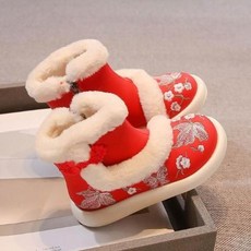 女童新年漢服鞋兒童靴子2025冬季新款馬面裙古風加絨棉鞋, 紅色