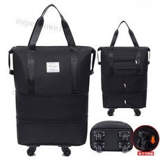 折疊旅行包 行李袋輪子 帶輪行李袋 旅行包 折疊行李袋 手提行李袋 行李包 登機包 行李袋 可擴充旅行包 可背可提行袋, 黑色三層款【2層可擴展+拆卸輪】, 1個