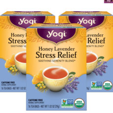 요기티 스트레스 릴리프 허니 라벤더 티백 카페인 무함유 USDA 유기농 인증, 1.8g, 3개