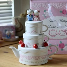 Hello Kitty婚禮主題蛋糕造型茶壺茶杯組，可愛陶瓷下午茶具，婚禮送禮推薦, 白色卡通, 一壺兩杯, 1套