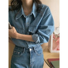 여성 캐주얼 데일리 데님 셔츠 빅사이즈 오버핏 남방 루즈핏 하객룩 청남방 셔츠 데님남방