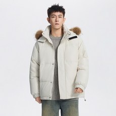 加帽毛白鴨絨羽絨服 冬季情侶款工裝外套