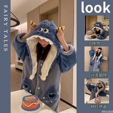 小怪獸珊瑚絨加厚加絨男士睡袍女冬季可愛卡通長款法蘭絨浴袍睡衣情侶睡衣 卡通睡袍 冬季情侶睡袍 居家服SY3