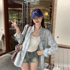 투니스 여성 루즈핏 캐주얼 긴소매 체크 배색 셔츠