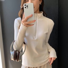 H355半高領打底衫女秋冬加絨保暖衛衣百搭顯瘦純色半拉鍊長袖上衣