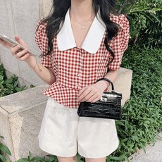 여성 블라우스 여름 셔츠 배색 카라 체크 퍼프 프릴
