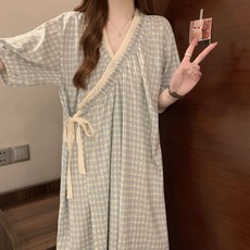 格紋雲朵棉和服式浴袍 夏季薄款長款睡衣 短袖版睡袍-帶暗釦防走光