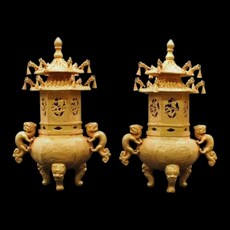 博古珍藏 唐貞觀【銅鎏金滿工瑞獸花紋銅爐、薰香爐、塔爐一對】3.42公斤．附錦盒．檀香沉香爐．超值回饋, 1個