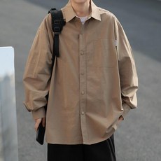 봄과 가을 시즌을위한 남성용 솔리드 컬러 긴 소매 셔츠 빈티지 Cityboy 스타일 캐주얼 루즈 피트 자켓