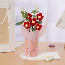 (1+1) 뜨개 꽃다발 꽃 화분 감성 인테리어 선물 조화 완제품, 2개, 빨강