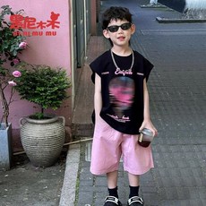 兔巴叮童裝男童夏裝背心套裝2025新款兒童休閒無袖T恤兩件套 舒適帥氣時尚