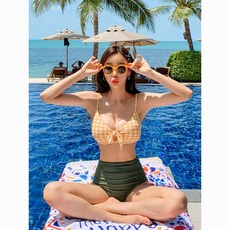 顯瘦泳衣 泳衣保守 遮肚泳衣韓國新款高腰性感小胸遮肚聚攏抹胸泳衣度假格子分體比基尼泡溫泉女生泳裝 兩件式泳衣, 黃色,XL