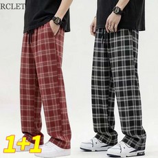 RCLET 1+1 남성 여름 얇은 체크 세미 와이드 팬츠 캐주얼 밴딩 스트레이트 팬츠