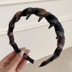 秋冬毛呢拼色髮箍 帶齒波浪設計 蓬鬆高顱頂髮飾, 1個, 拚色毛呢帶齒髮箍-灰咖