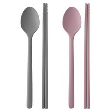 Cocowill IYN 矽膠雙人湯筷組, 湯匙2入 + 筷子2入, 1套, 灰色, 粉紅色