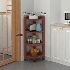 全實木三角置物架家用落地轉角收納架帶輪移動 角櫃 墻角櫃 傢用 邊角櫃 儲物櫃子 置物架 轉角置物架, 4層胡桃色, 1個