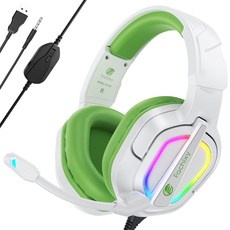 파치시 게이밍 헤드셋 가상 7.1채널 3D 사운드 고감도 노이즈 캔슬링 마이크 RGB LED FC200, 화이트 그린
