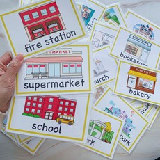 臺灣出貨 場所地點建築單詞卡片 塑封英語學習閃卡 兒童啟懞教學彩圖教師教具, 1個, 精選14張,小卡8x11cm